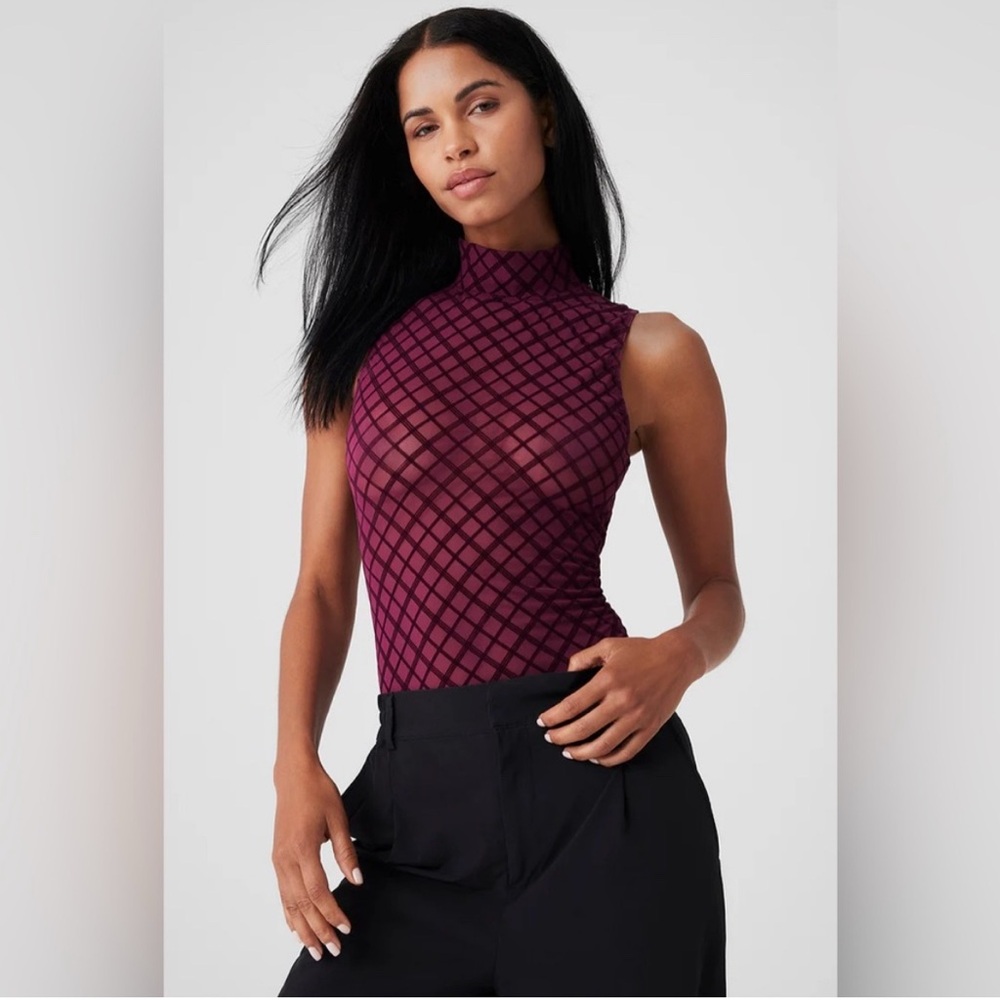 ALO Sheer Sleeveless Mock Neck Mesh Patterned Bodysuit in Plum